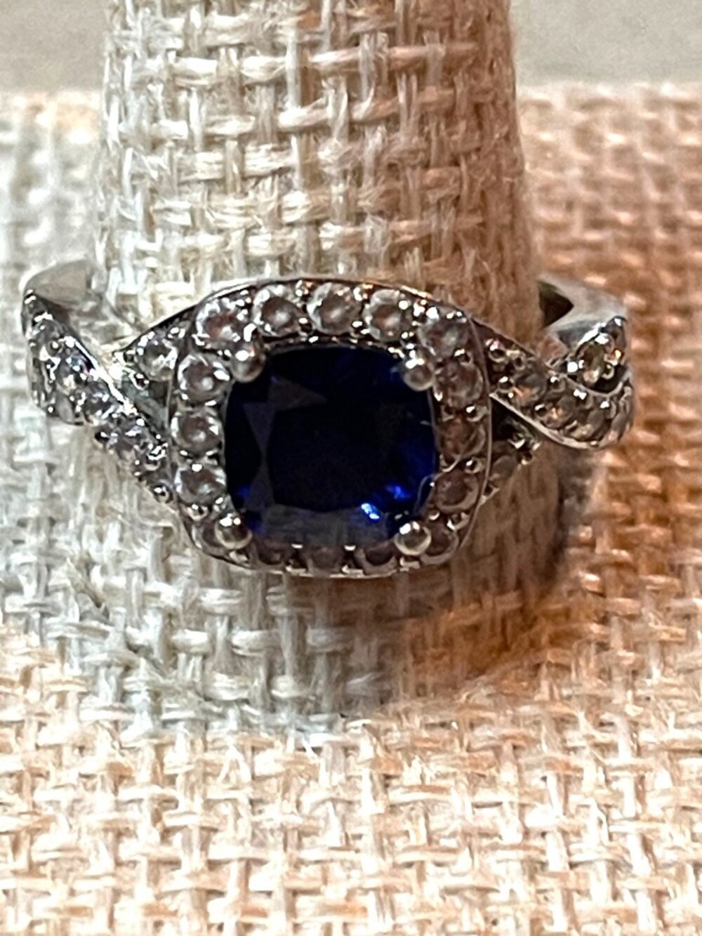 Sun 925 Sterling Silver Lab Created Blue Sapphire Cushion Cut Halo Ring Size 7